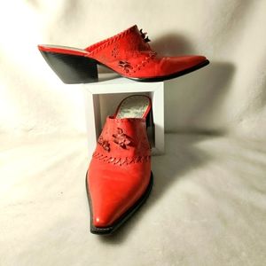 Red western style leather pointy toe mules